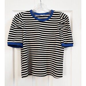 Entro Black and White Striped Puff Sleeve Tee with Blue Trim- Medium